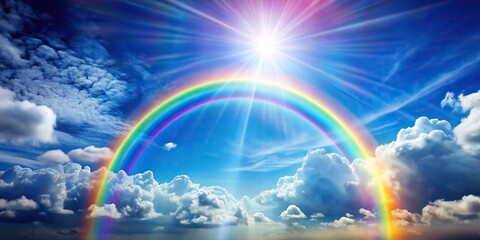 Sky landscape with clouds and sunburst with rainbow effect aerial view