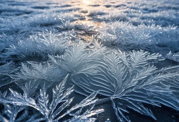 intricate macro brilliant frosty ice patterns showcasing unique crystal designs, nature, texture, beauty, detail, cold, surface, winter, clarity, geometry