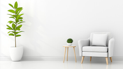 A decluttered living room with a white and grey theme, smooth surfaces, and natural lighting creating a serene atmosphere