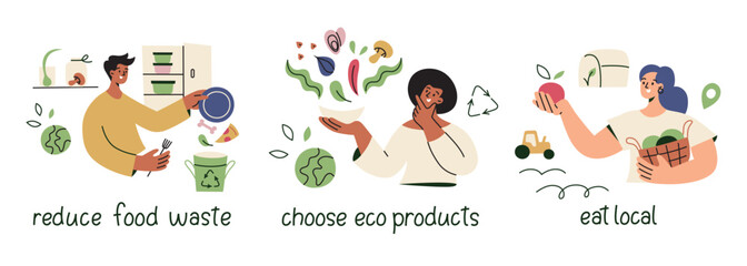 Vector illustration set of sustainability and eco friendly habits. People reducing food waste, choosing eco products, eating local food. Flat cartoon style perfect for environmental awareness designs
