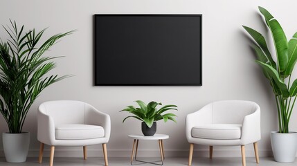 Chalkboard mockup in waiting hall with cozy furniture. Blank screen in office setting template advertising image. Corporate environment with board mock up product photorealistic