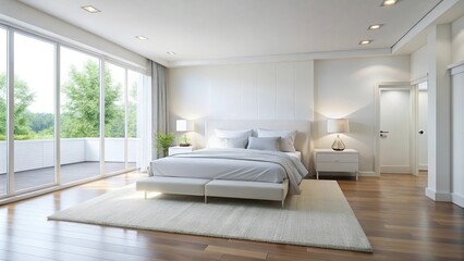 Fototapeta premium Sleek minimalist white bedroom in spacious house