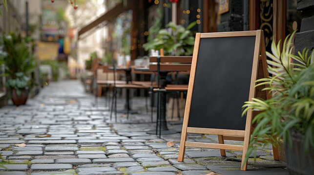 Street cafe chalkboard mockup attracting guest. Menu and discount signboard template advertising image. Fancy restaurant blackboard mock up with wooden frame product photorealistic