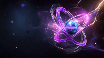 Obraz premium A vibrant depiction of an atom with swirling energy patterns in purple, set against a dark cosmic background, symbolizing the beauty of atomic structure and energy.