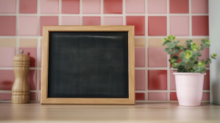 Blackboard mockup with houseplant and peppermill on table. Small Board with wooden frame for notes template advertising image. Kitchen equipment chalkboard mock up product photorealistic