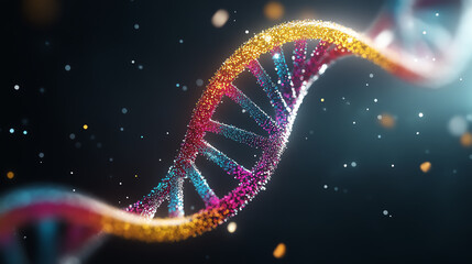 A vibrant, colorful representation of a DNA double helix, showcasing intricate details and sparkling elements against a dark background, highlighting the beauty of genetics.