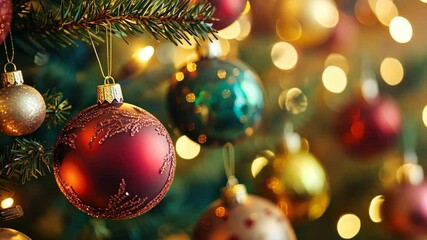 Christmas ornaments in deep hues with wood and velvet textures, bathed in the warm glow of tree lights for a festive, inviting feel