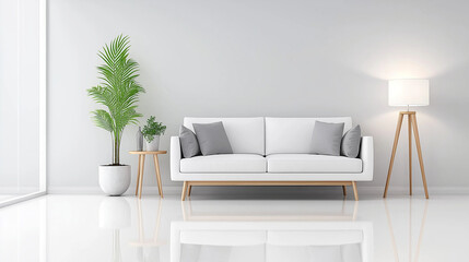 Elegant minimalism in a white and grey living room with clean lines, cozy minimalist furniture, and ambient lighting