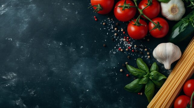 Organic food products border on blackboard banner background copy space. Organic italian cuisine image backdrop empty. Cooking vegan dish concept composition top view, copyspace