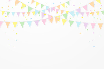 Sweet Colorful Party Flags With Tiny Confetti On White Background. Celebration Event And Happy Birthday. Multicolored. Vector Illustration. Copy Space