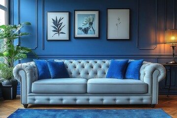 welcoming interior of a cozy living room contemporary with a deep blue wall a plush sofa inviting relaxation highlighted by soft ambient lighting for a tranquil vibe