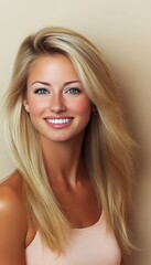 Fototapeta premium Portrait of a Beautiful Woman with Long Blonde Hair and a White Smile, Beauty and Wellness Concept