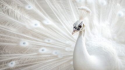 Fototapeta premium Elegant white peacock with open feathers showcasing intricate patterns and beauty. This stunning bird captivates with its graceful presence and delicate features