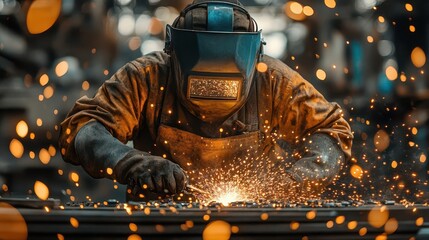 welder focused on welding metal with vibrant sparks flying wearing protective gear in an industrial setting showcasing the intensity and skill involved in metalwork and craftsmanship