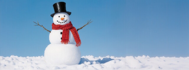 Obraz premium Cheerful snowman with carrot nose and top hat in winter wonderland scene