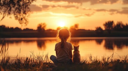 Girl and Cat Watching Sunset Over Lake Tranquil Evening Landscape