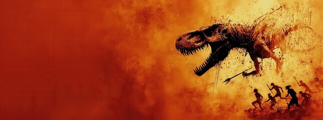 Ancient cave painting of early humans and dinosaur scene for historical art concepts