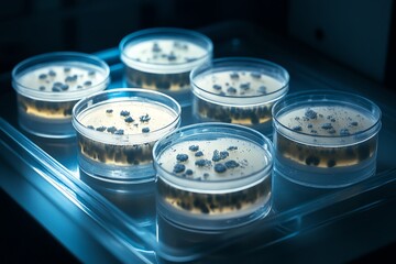 Petri dishes with bacteria cultures in lab.