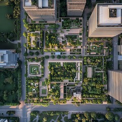 Birds-eye perspective of a harmonious world, where nature and innovation unite, vibrant parks amidst towering labs