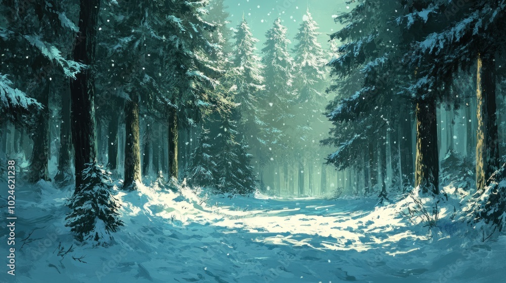 Aufkleber a snowy path winds through a dense evergreen forest with sunlight filtering through the trees.