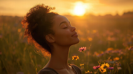 Naklejka premium Woman enjoying a peaceful moment outdoors in a field of flowers during a beautiful sunset, with eyes closed and a serene expression