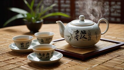 Fototapeta premium A traditional Chinese tea set with a small porcelain teapot and delicate teacups