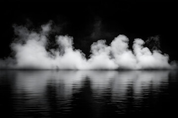 Abstract modern design, white smoke texture on vintage black background, banner. AI generation.