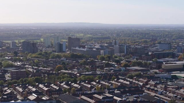 Aerial view of Preston, city in the north of England, United Kingdom