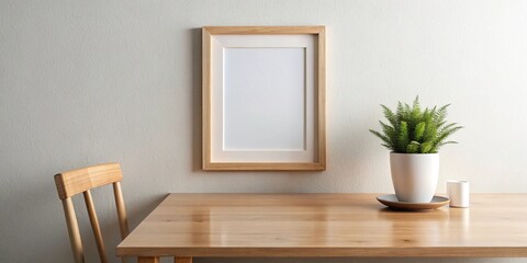 Small picture frame mockup hanging on wall above table