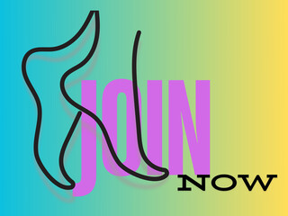 Abstract graphic with a line art figure, bold "JOIN NOW" text in purple and black, set against a gradient background of blue, green, and yellow
