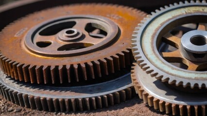 Close-up of Industrial Metal Gears: A detailed view of rusted interlocking metal gears, showcasing the intricate mechanics and weathered texture, perfect for illustrating concepts of engineering, mach
