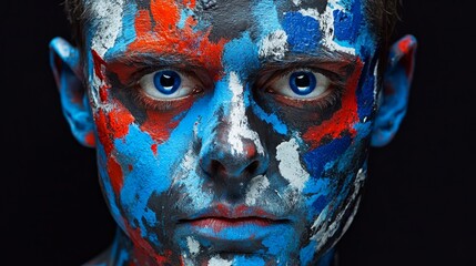 Intense face with abstract blue and red paint