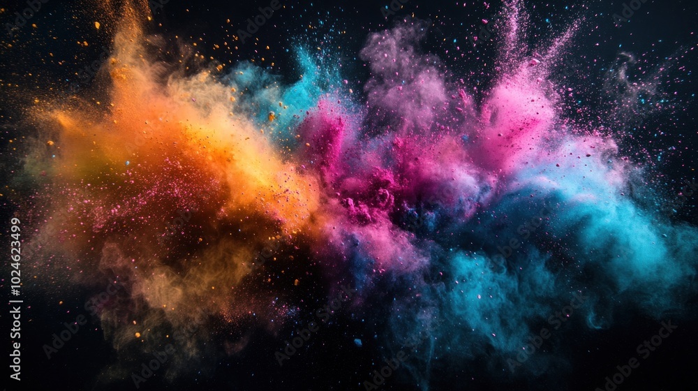 Poster a colorful explosion of powder against a black background, creating a dynamic and abstract design.