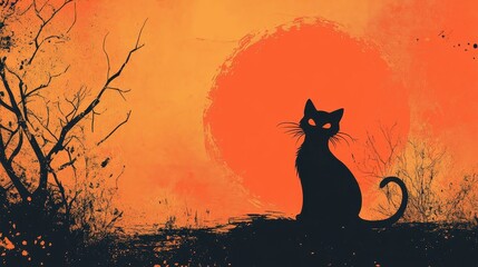 Mysterious Black Cat Silhouette Against Fiery Orange Sunset Landscape