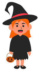 Trick or treat witch girl carrying jack o lantern bucket. Halloween. Colored HD illustration SVG format vector graphic, editable 5 colors