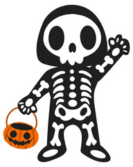 Trick or treat skeleton costume. Halloween kid. Colored HD illustration SVG format vector graphic, editable 5 colors