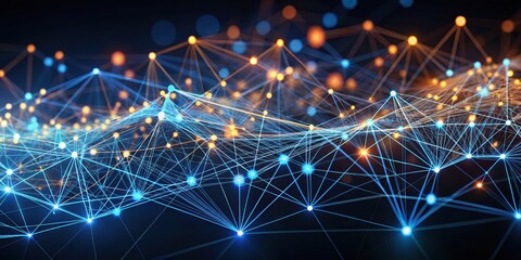 Abstract digital network with glowing points connected by lines creating a complex web of information and communication