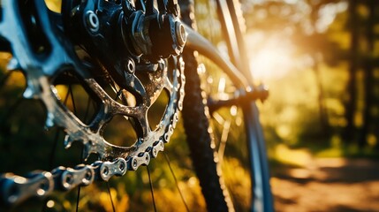 Close-up of a bicycle chain and gears with a blurred forest background in the golden hour light.