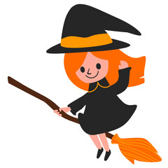 Witch girl with broom stick. Halloween costume. Colored HD illustration SVG format vector graphic, editable 5 colors