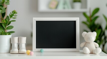 Chalkboard photo frame mockup with baby items. Nursery room greeting card template advertising image. Cute composition with small chalkboard mock up product photorealistic