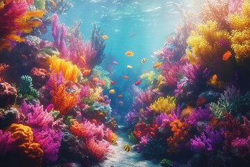 Obraz premium Vibrant coral reef teeming with colorful fish and marine life in a clear blue ocean.
