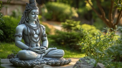 Obraz premium A serene statue of Shiva in a peaceful garden setting.