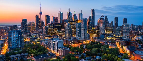 Fototapeta premium Panoramic cityscape showcasing global news headlines, fused with vibrant culinary arts, illuminated by stunning lighting techniques