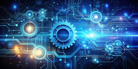 Obraz premium Abstract Digital Circuitry With Glowing Cogs and Interconnected Lines