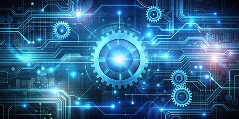 Abstract Digital Technology with Glowing Circuitry and Interlocking Gears