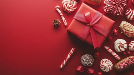A festive arrangement featuring a red gift box and assorted holiday candies on a red background.
