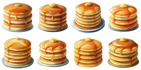 Cartoon illustration set of pancakes with syrup with Grainy Textures. isolate on a white background. PNG
