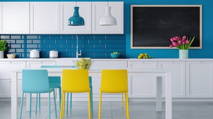 Stylish kitchen design with blackboard mockup. Home interior with modern furniture and display template advertising image. Chalkboard mock up indoors product photorealistic