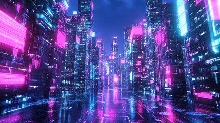 Neon Cityscape: Glowing Lights & Digital Structures