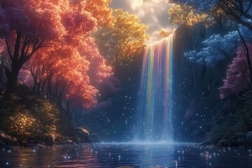 whimsical dreamscape forest with towering luminous trees floating crystal bubbles and a shimmering rainbow bridge arching over a misty waterfall
